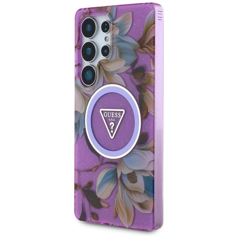 Guess Glitter Flowers Triangle Buttons MagSafe puzdro pre Samsung Galaxy S25 Ultra, fialové