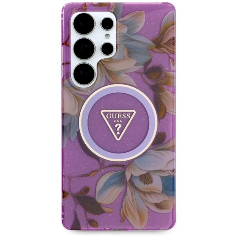 Guess Glitter Flowers Triangle Buttons MagSafe puzdro pre Samsung Galaxy S25 Ultra, fialové