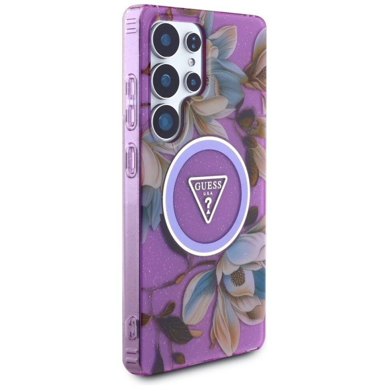 Guess Glitter Flowers Triangle Buttons MagSafe puzdro pre Samsung Galaxy S25 Ultra, fialové