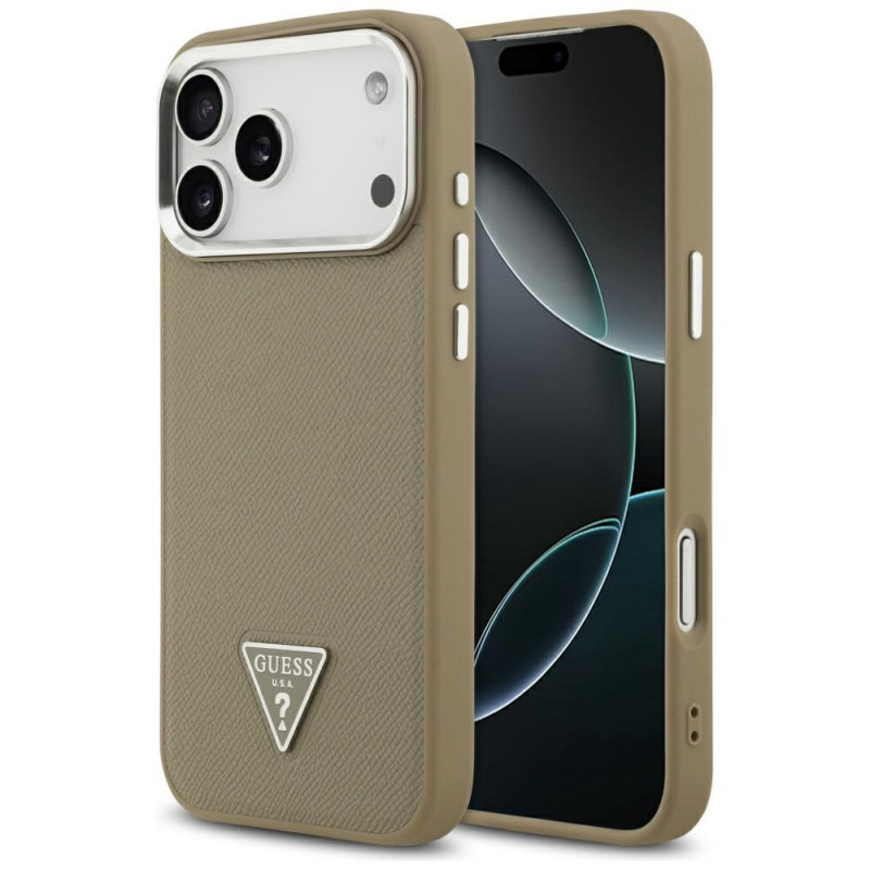 Guess Grained Triangle Logo MagSafe tvrdé puzdro pre Apple iPhone 17 Pro Max, hnedé