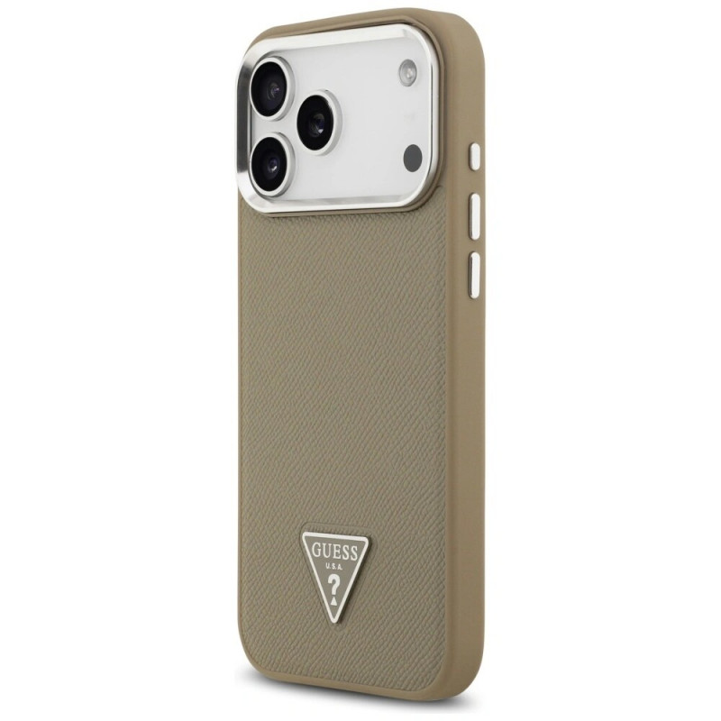 Guess Grained Triangle Logo MagSafe tvrdé puzdro pre Apple iPhone 17 Pro Max, hnedé