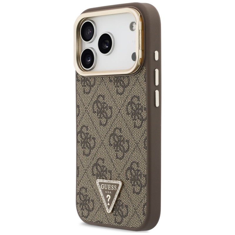 Guess 4G PU Triangle Logo & Stand Camera MagSafe puzdro pre Apple iPhone 18 Pro Max / 17 Pro Max, hnedé
