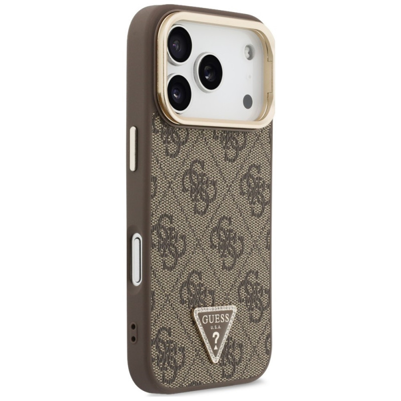 Guess 4G PU Triangle Logo & Stand Camera MagSafe puzdro pre Apple iPhone 18 Pro Max / 17 Pro Max, hnedé