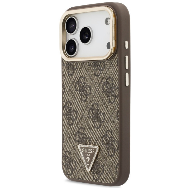 Guess 4G PU Triangle Logo & Stand Camera MagSafe puzdro pre Apple iPhone 18 Pro / 17 Pro, hnedé
