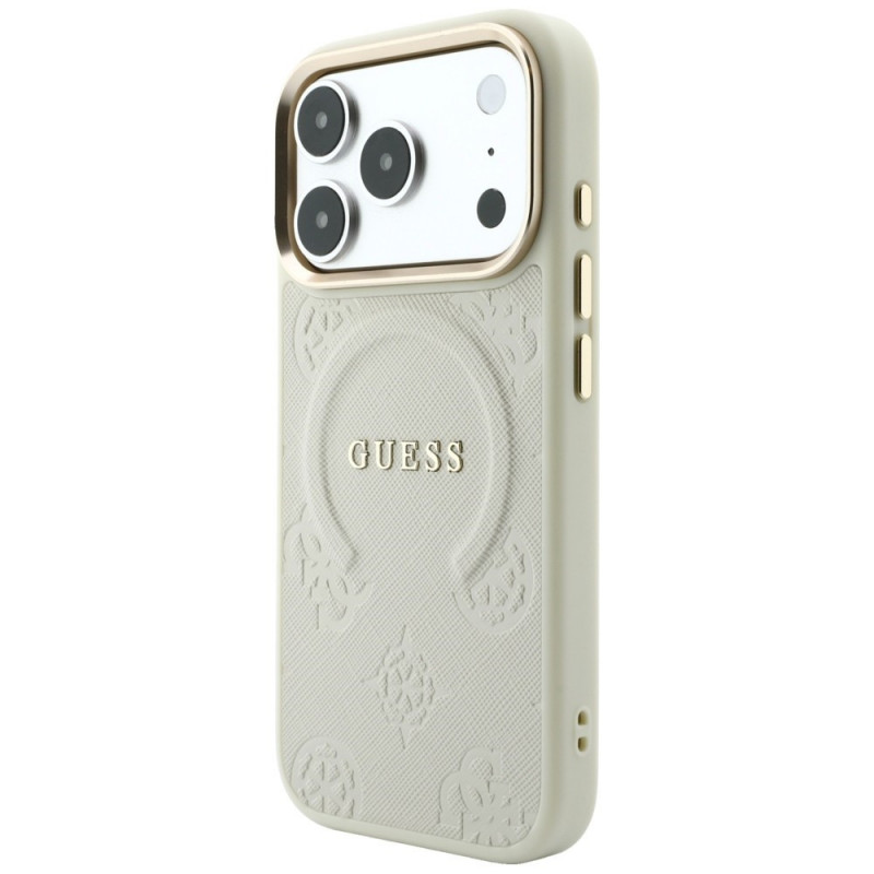 Guess Saffiano Peony & Ring MagSafe puzdro pre Apple iPhone 18 Pro / 17 Pro, béžové