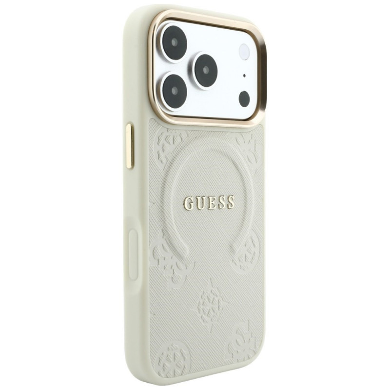 Guess Saffiano Peony & Ring MagSafe puzdro pre Apple iPhone 18 Pro / 17 Pro, béžové
