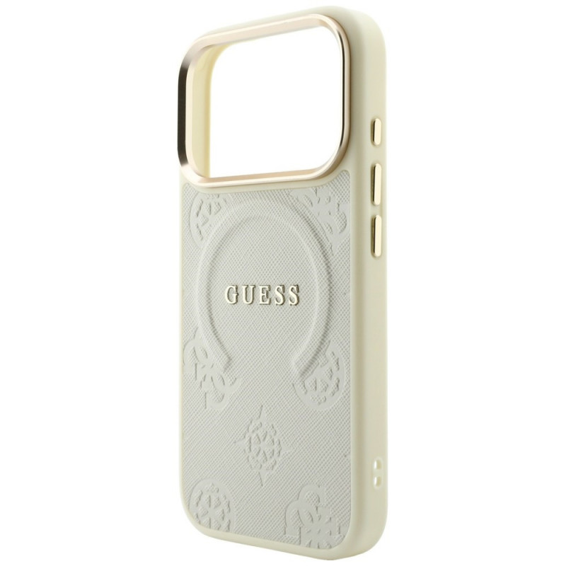 Guess Saffiano Peony & Ring MagSafe puzdro pre Apple iPhone 18 Pro / 17 Pro, béžové