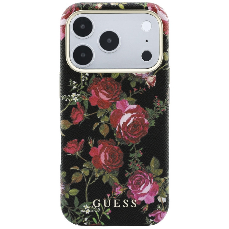 Guess Blossom Roses Print MagSafe puzdro pre Apple iPhone 18 Pro / 17 Pro, čierne