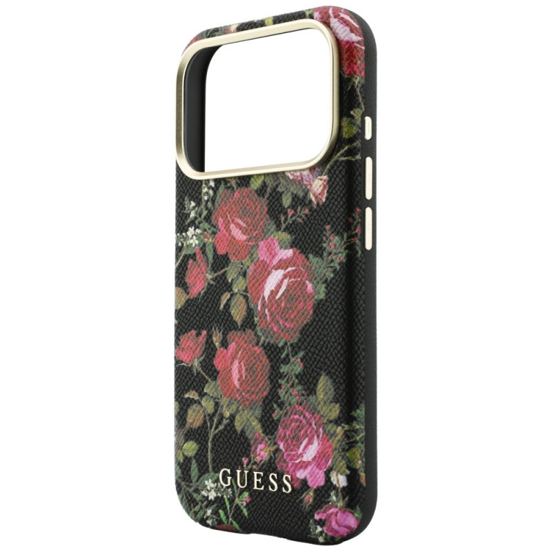 Guess Blossom Roses Print MagSafe puzdro pre Apple iPhone 18 Pro / 17 Pro, čierne