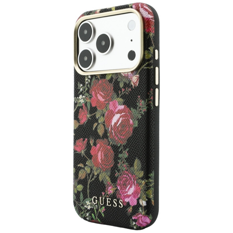Guess Blossom Roses Print MagSafe puzdro pre Apple iPhone 18 Pro Max / 17 Pro Max, čierne