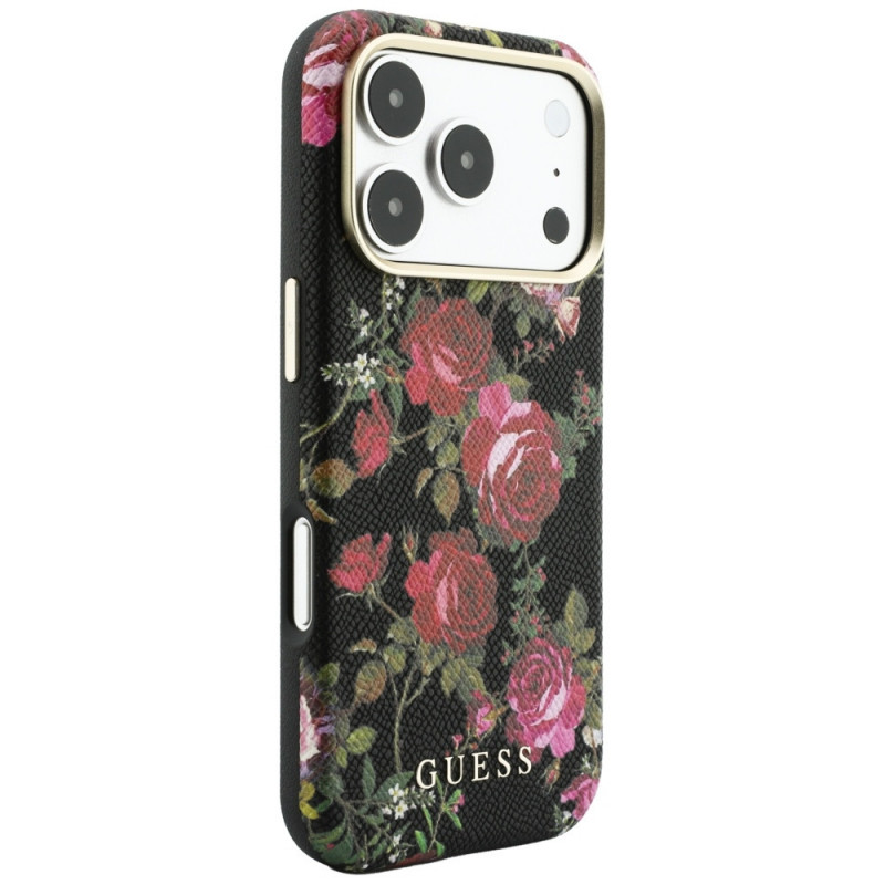 Guess Blossom Roses Print MagSafe puzdro pre Apple iPhone 18 Pro Max / 17 Pro Max, čierne