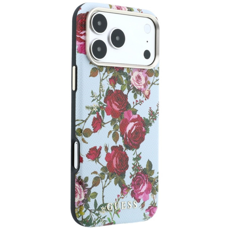Guess GUE6026 Blossom Roses Print MagSafe puzdro pre Apple iPhone 18 Pro / 17 Pro, modré