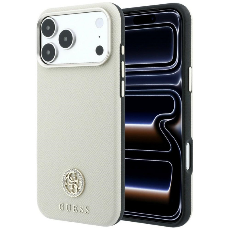 Guess GUE005545 Grained Round Strass Logo MagSafe puzdro pre Apple iPhone 18 Pro / 17 Pro, béžové
