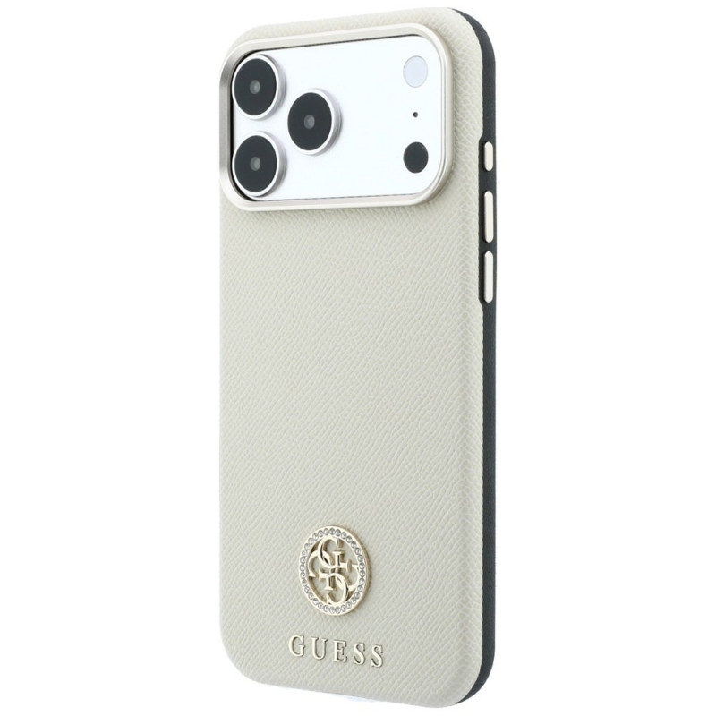 Guess GUE005545 Grained Round Strass Logo MagSafe puzdro pre Apple iPhone 18 Pro / 17 Pro, béžové