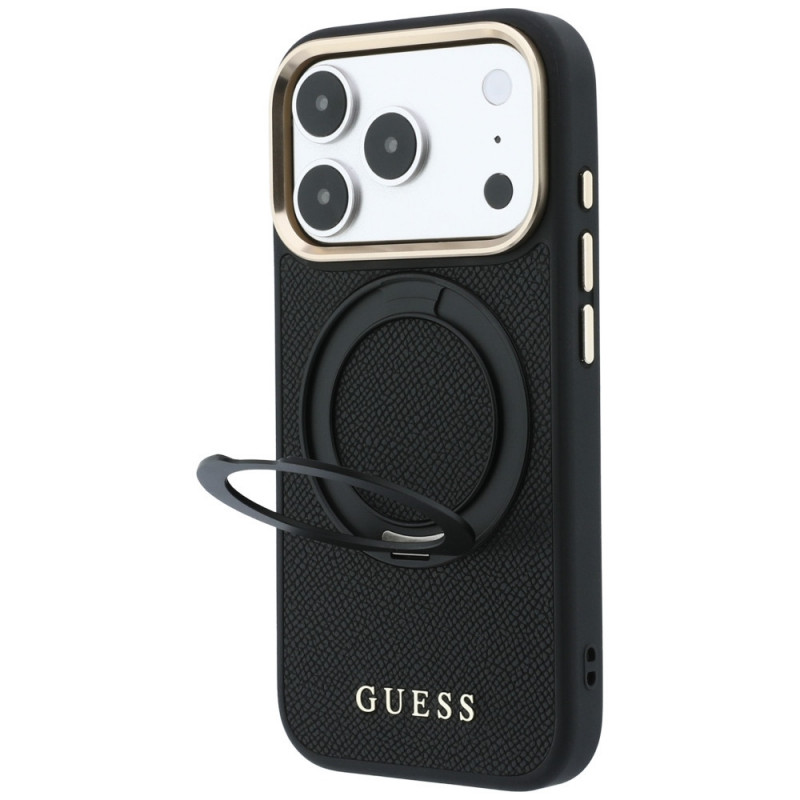 Guess Ring Stand 360 Grained Classic Logo MagSafe puzdro pre Apple iPhone 18 Pro / 17 Pro, čierne