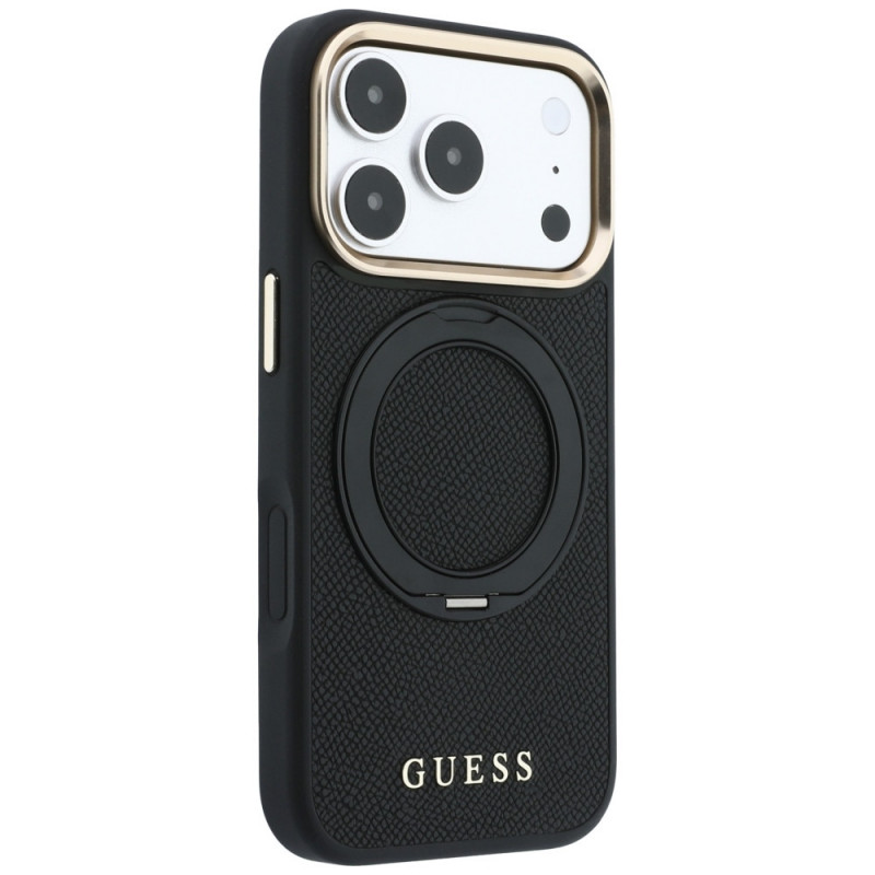 Guess Ring Stand 360 Grained Classic Logo MagSafe puzdro pre Apple iPhone 18 Pro / 17 Pro, čierne