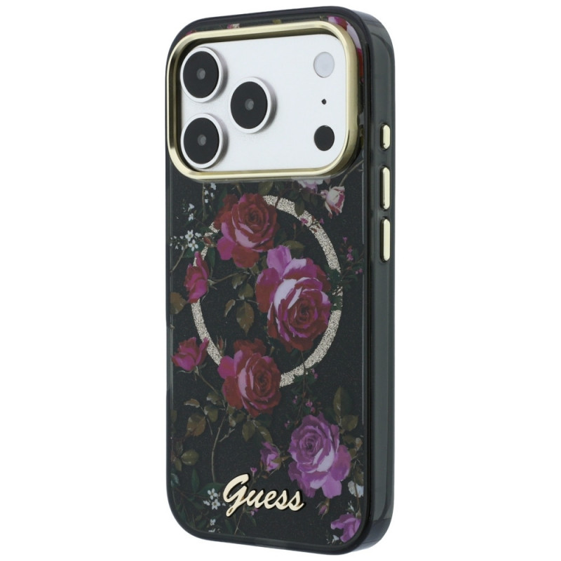 Guess GUE6042 IML Glitter Blossom Roses MagSafe pevné puzdro pre Apple iPhone 18 Pro Max / 17 Pro Max, čierne