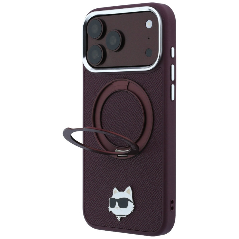Karl Lagerfeld s Ring Stand 360 Choupette Head Pin MagSafe puzdro pre Apple iPhone 18 Pro / 17 Pro, bordová (KLD22763)