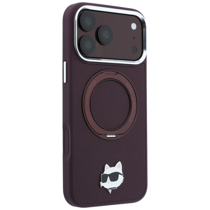 Karl Lagerfeld s Ring Stand 360 Choupette Head Pin MagSafe puzdro pre Apple iPhone 18 Pro / 17 Pro, bordová (KLD22763)