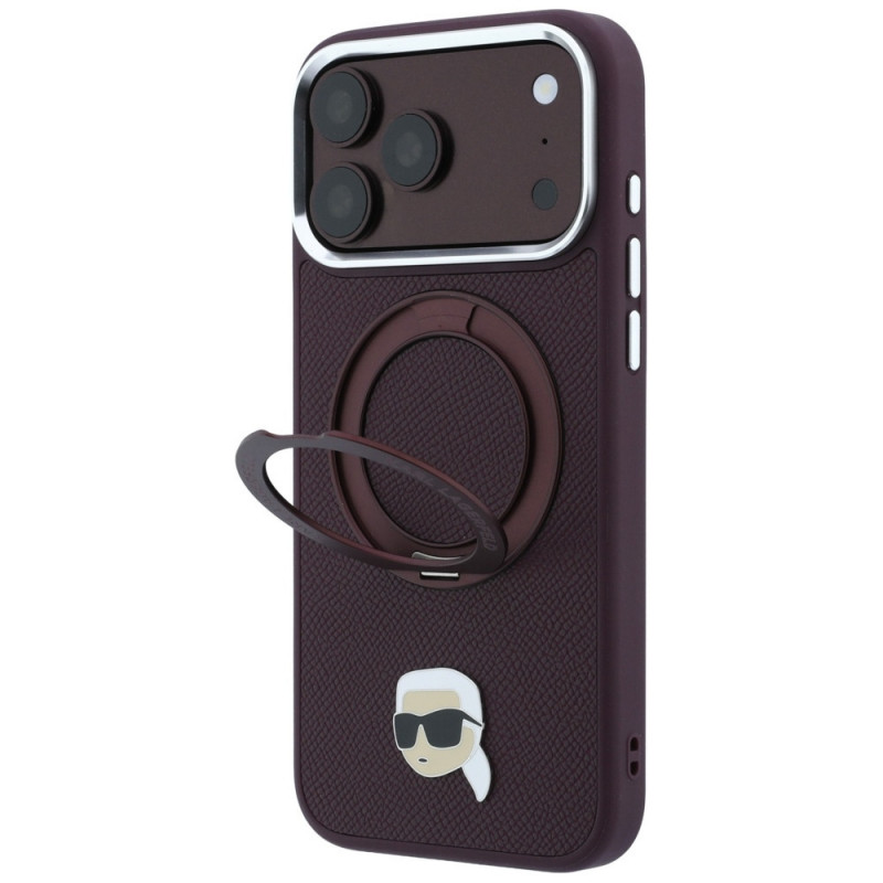 Karl Lagerfeld s Ring Stand 360 Karl Head Pin MagSafe puzdro pre Apple iPhone 18 Pro Max / 17 Pro Max, bordová