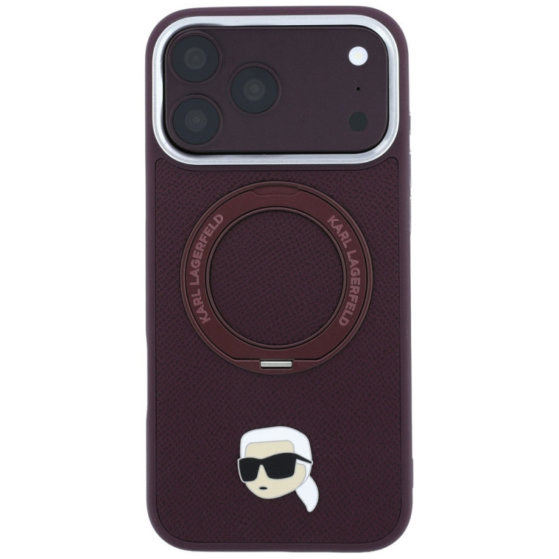 Karl Lagerfeld s Ring Stand 360 Karl Head Pin MagSafe puzdro pre Apple iPhone 18 Pro Max / 17 Pro Max, bordová