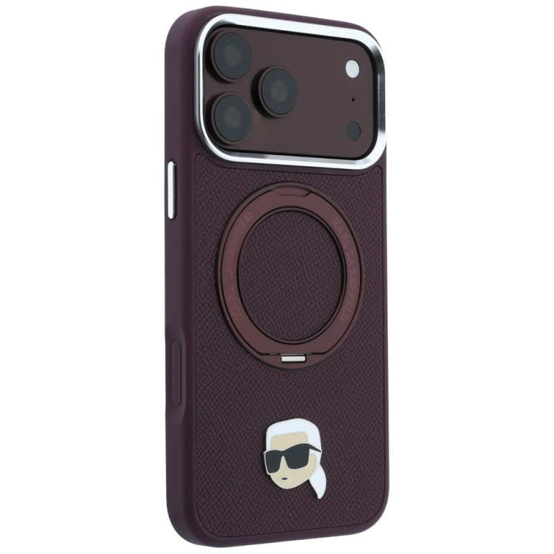Karl Lagerfeld s Ring Stand 360 Karl Head Pin MagSafe puzdro pre Apple iPhone 18 Pro Max / 17 Pro Max, bordová