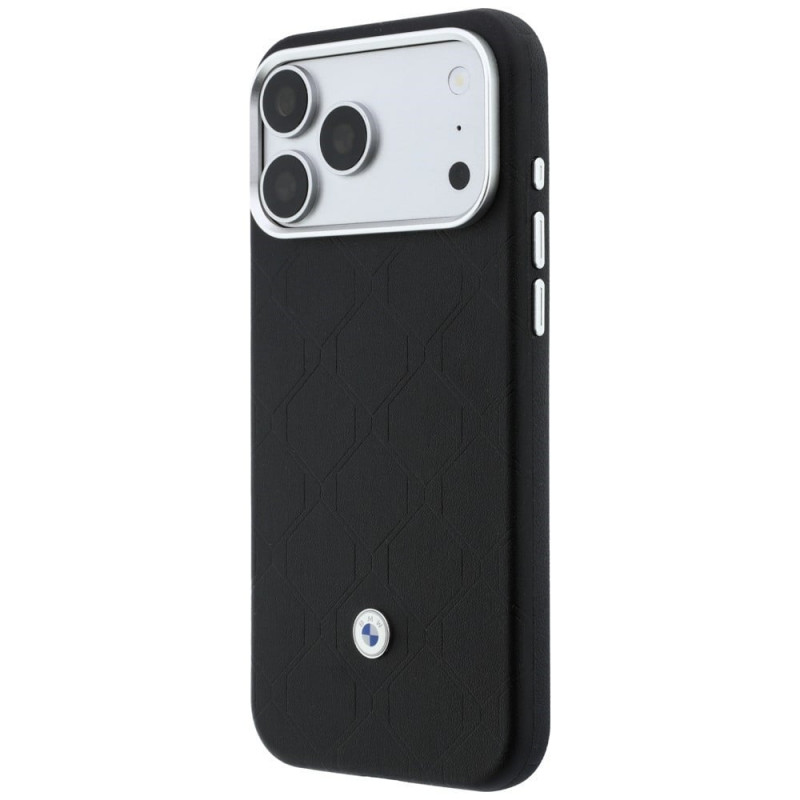 BMW Quilted Pattern Metal Logo puzdro a peňaženka pre Apple iPhone 18 Pro / 17 Pro, čierna