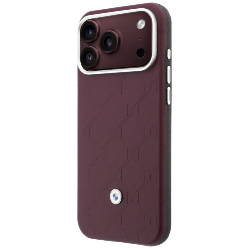BMW Quilted Pattern Metal Logo puzdro a peňaženka pre Apple iPhone 18 Pro / 17 Pro, bordová