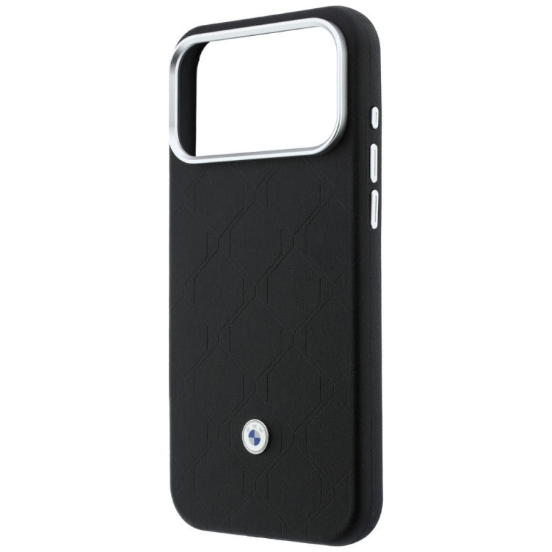 BMW Quilted Pattern Metal Logo puzdro a peňaženka pre Apple iPhone 18 Pro Max / 17 Pro Max, čierna