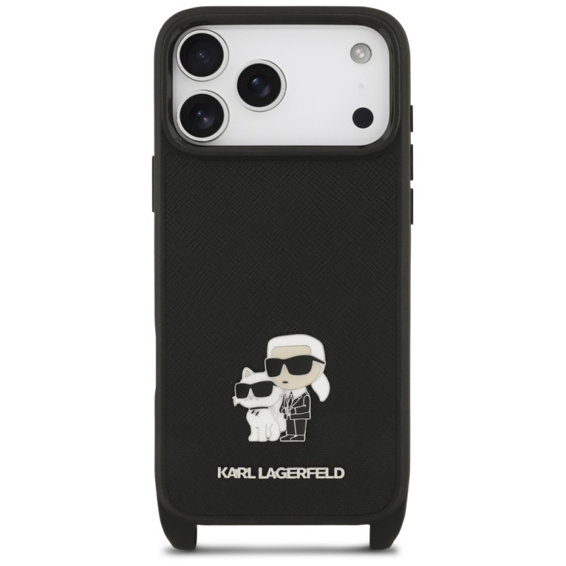 Karl Lagerfeld Saffiano Karl&Choupette Metal Pin CBDY Strap puzdro na Apple iPhone 18 Pro / 17 Pro, čierne