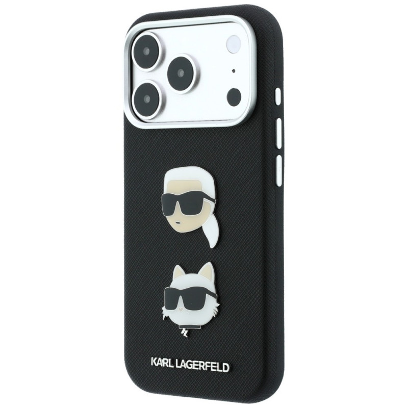 Karl Lagerfeld Saffiano Karl&Choupette Heads Pins Strap Logo puzdro pre Apple iPhone 18 Pro / 17 Pro, čierne