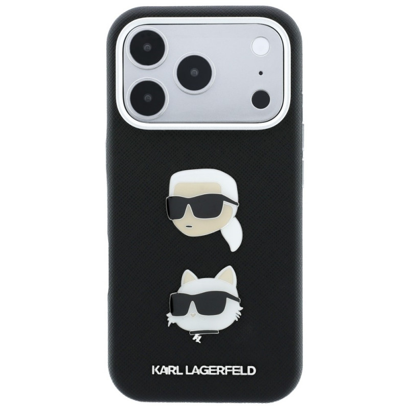Karl Lagerfeld Saffiano Karl&Choupette Heads Pins Strap Logo puzdro pre Apple iPhone 18 Pro / 17 Pro, čierne