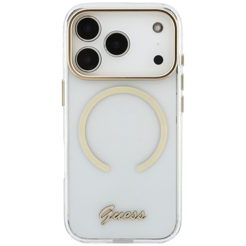 Guess IML Script Metal MagSafe puzdro pre Apple iPhone 18 Pro / 17 Pro, transparentné