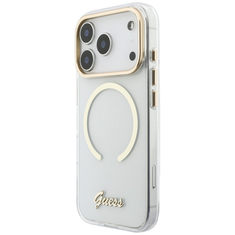 Guess IML Script Metal MagSafe puzdro pre Apple iPhone 18 Pro Max / 17 Pro Max, transparentné