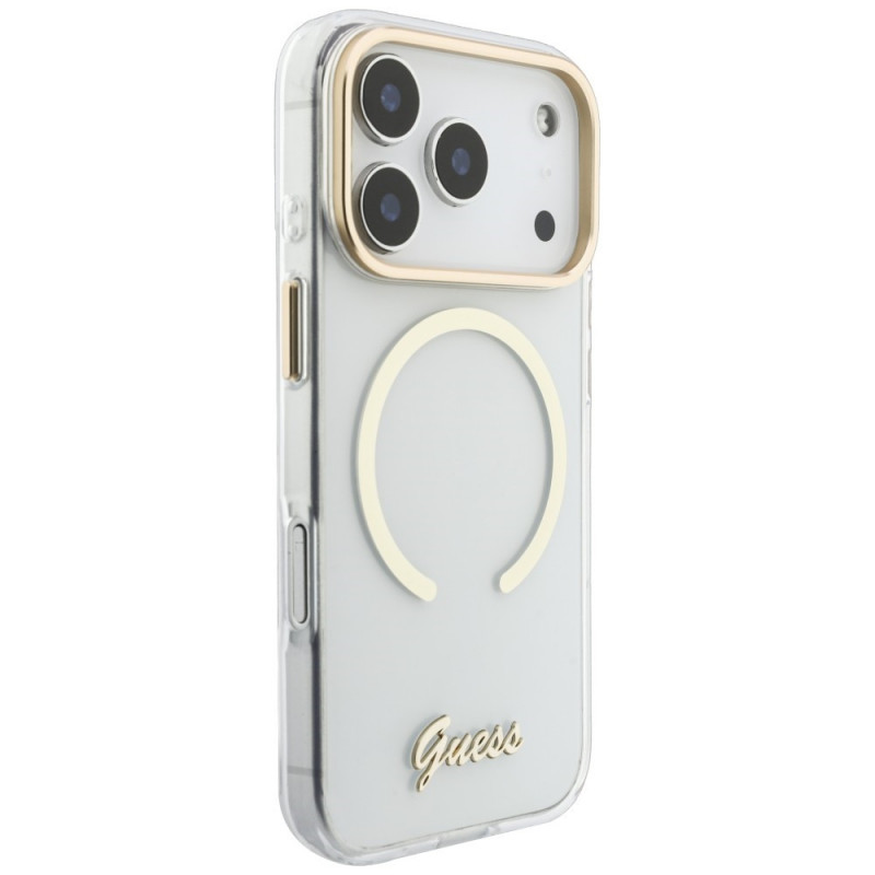 Guess IML Script Metal MagSafe puzdro pre Apple iPhone 18 Pro Max / 17 Pro Max, transparentné