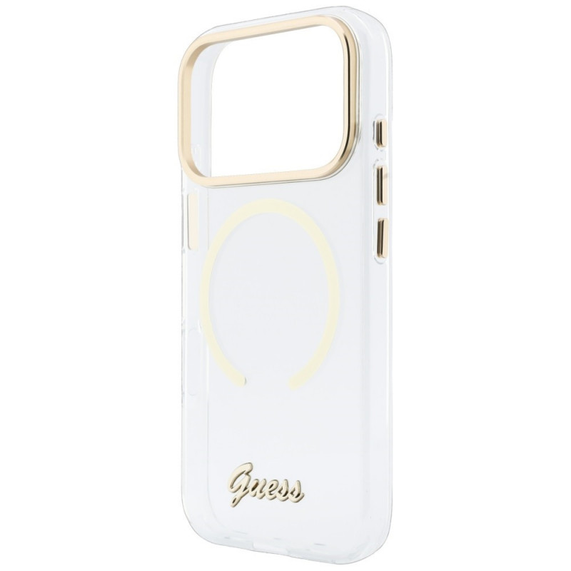 Guess IML Script Metal MagSafe puzdro pre Apple iPhone 18 Pro Max / 17 Pro Max, transparentné