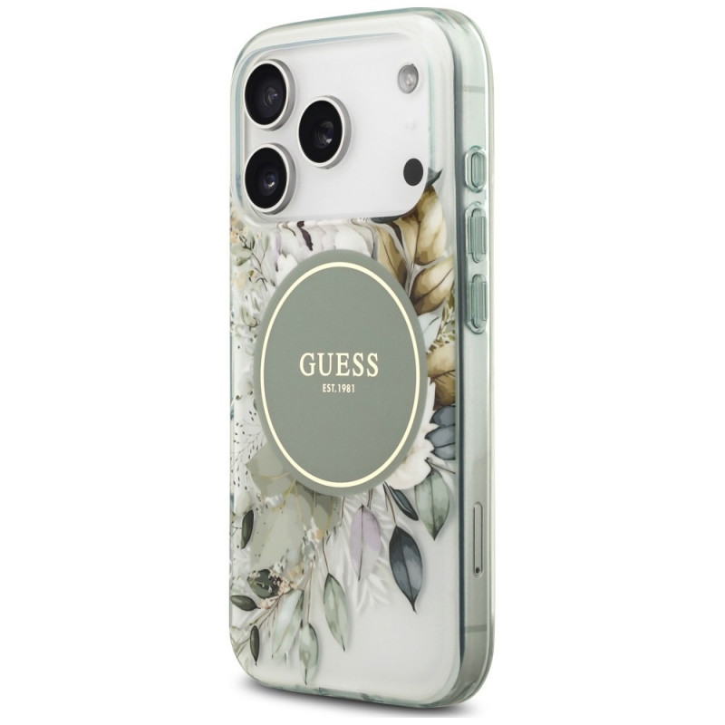 Guess IML Flower & Tonal Circle MagSafe puzdro pre Apple iPhone 18 Pro / 17 Pro, zelené