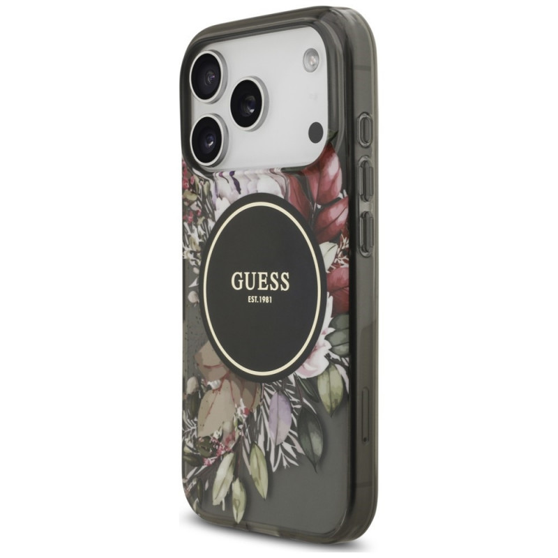Guess IML Flowers Pearl Strap MagSafe puzdro pre Apple iPhone 18 Pro / 17 Pro, čierne