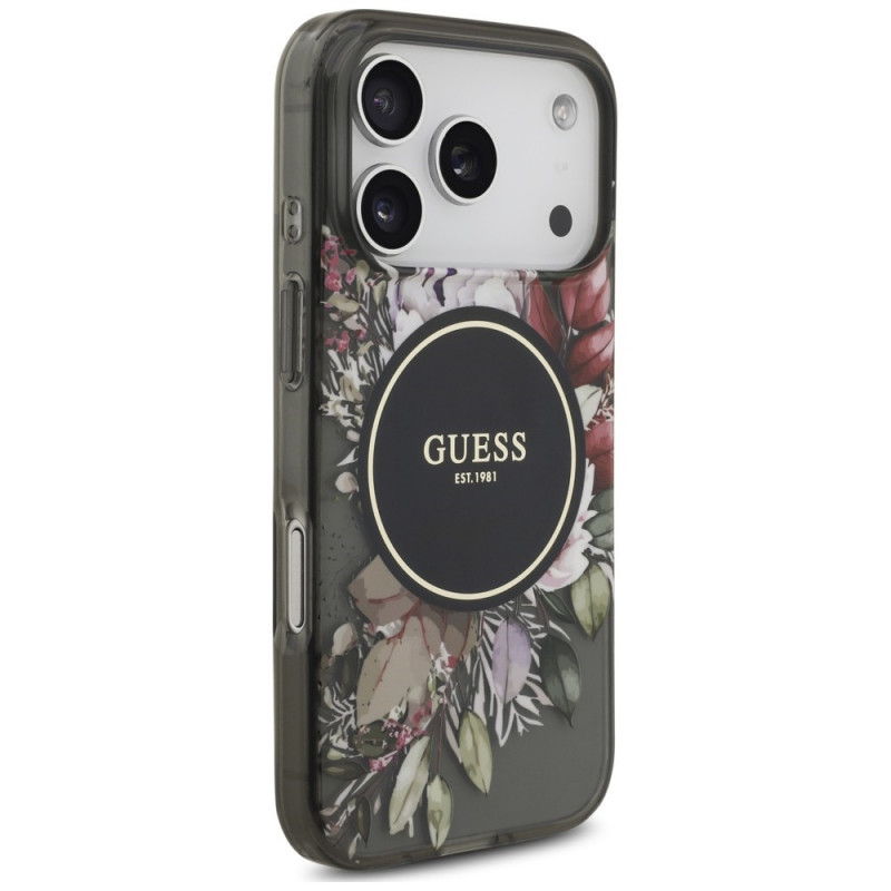 Guess IML Flowers Pearl Strap MagSafe puzdro pre Apple iPhone 18 Pro / 17 Pro, čierne