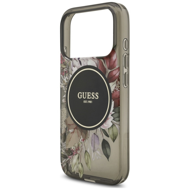 Guess IML Flowers Pearl Strap MagSafe puzdro pre Apple iPhone 18 Pro / 17 Pro, čierne