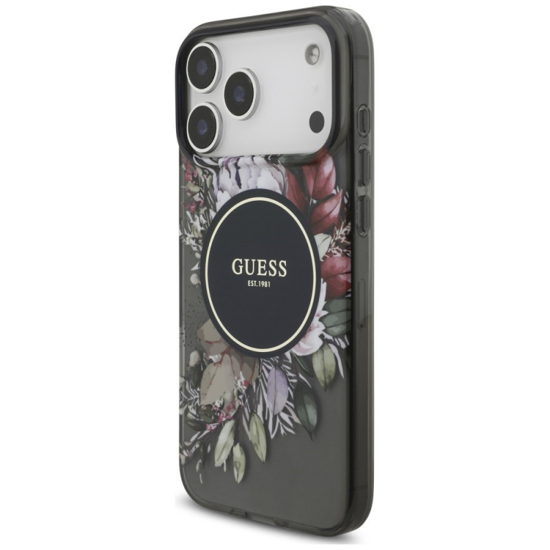 Guess IML Flowers Pearl Strap MagSafe puzdro pre Apple iPhone 18 Pro Max / 17 Pro Max, čierne