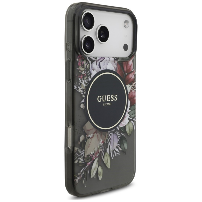 Guess IML Flowers Pearl Strap MagSafe puzdro pre Apple iPhone 18 Pro Max / 17 Pro Max, čierne