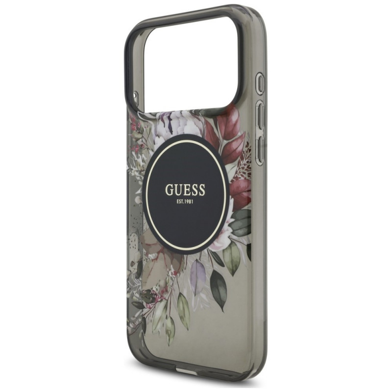 Guess IML Flowers Pearl Strap MagSafe puzdro pre Apple iPhone 18 Pro Max / 17 Pro Max, čierne