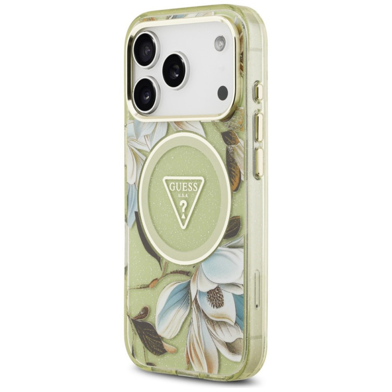 Guess IML Glitter Flowers Triangle MagSafe puzdro pre Apple iPhone 18 Pro Max / 17 Pro Max, zelené