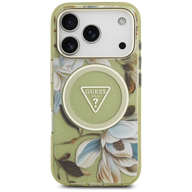 Guess IML Glitter Flowers Triangle MagSafe puzdro pre Apple iPhone 18 Pro Max / 17 Pro Max, zelené