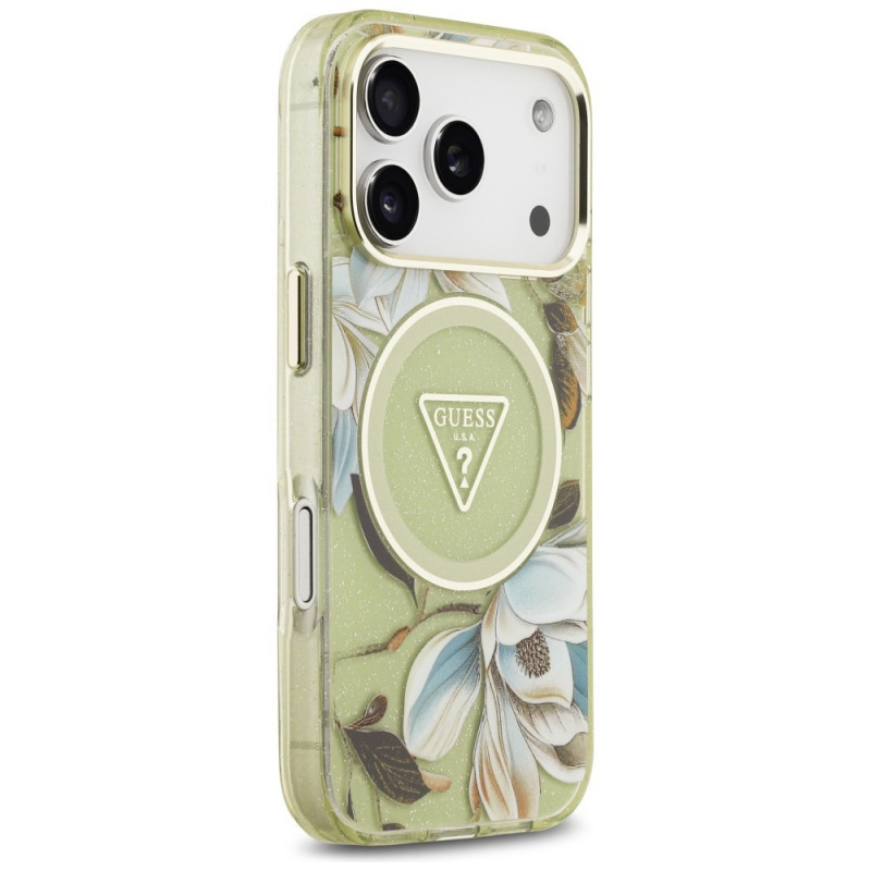 Guess IML Glitter Flowers Triangle MagSafe puzdro pre Apple iPhone 18 Pro Max / 17 Pro Max, zelené
