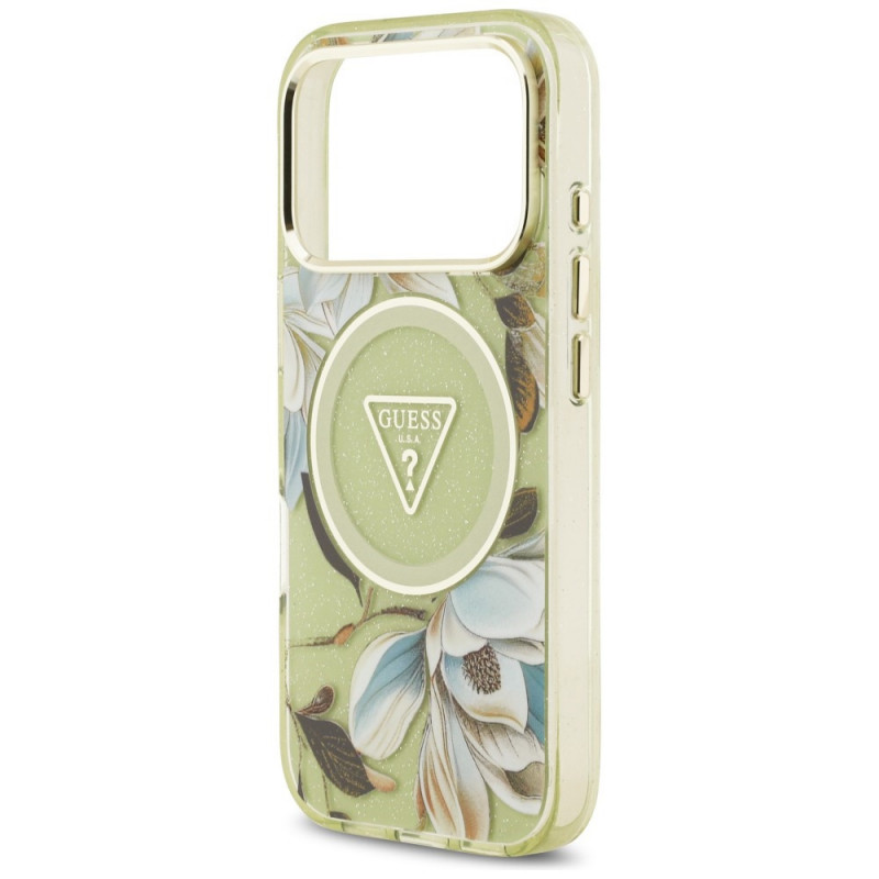 Guess IML Glitter Flowers Triangle MagSafe puzdro pre Apple iPhone 18 Pro Max / 17 Pro Max, zelené