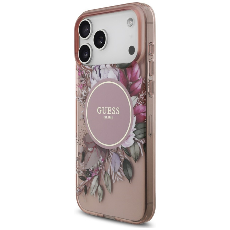Guess IML Flowers Pearl Strap MagSafe puzdro pre Apple iPhone 18 Pro Max / 17 Pro Max, ružové