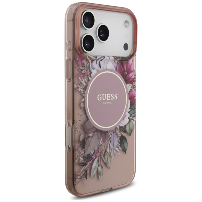 Guess IML Flowers Pearl Strap MagSafe puzdro pre Apple iPhone 18 Pro Max / 17 Pro Max, ružové
