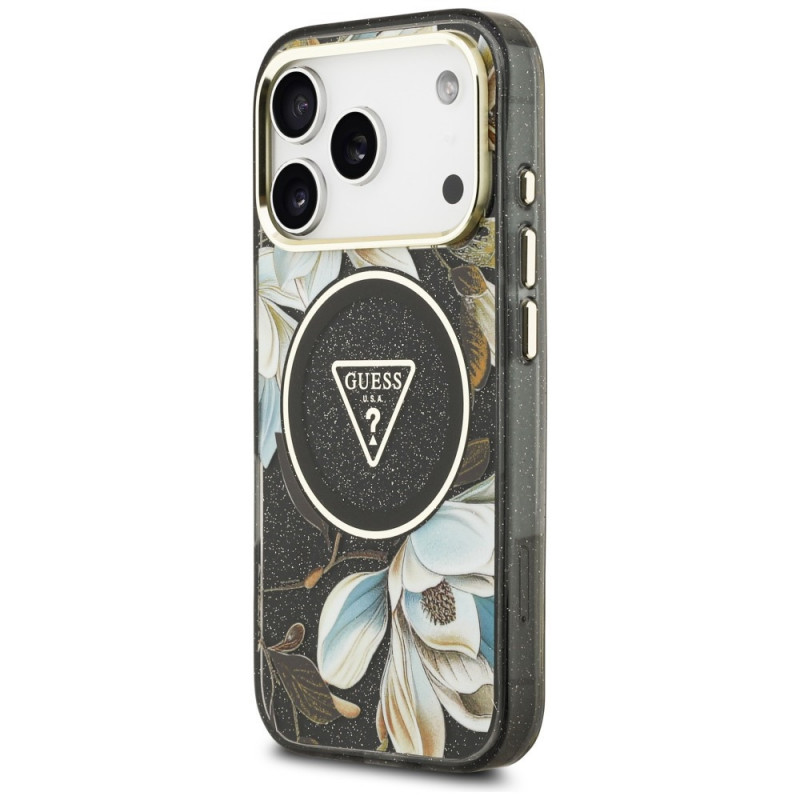 Guess IML Glitter Flowers Triangle MagSafe puzdro pre Apple iPhone 18 Pro Max / 17 Pro Max, čierne